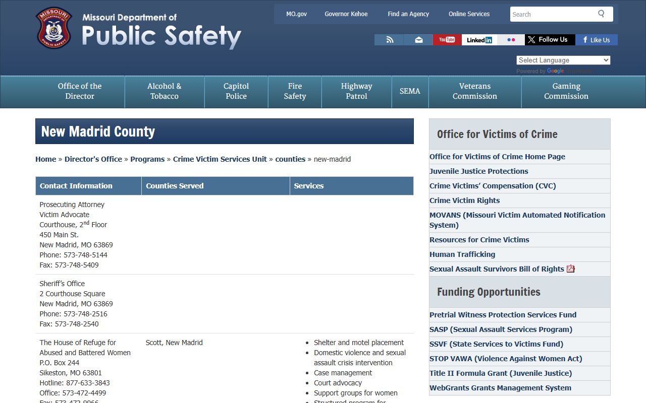 New Madrid County arrest records victim services directory
