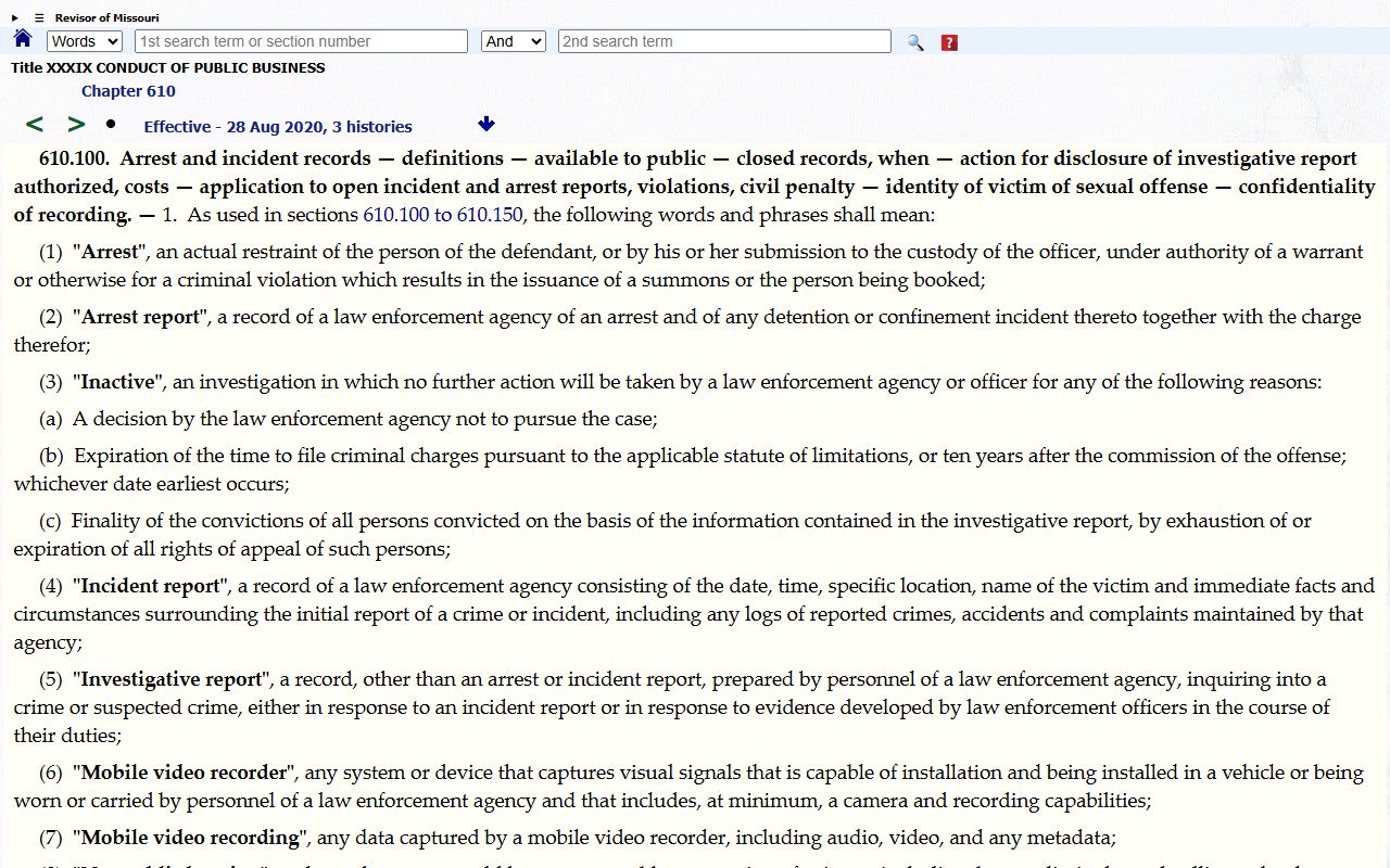 New Madrid County arrest records RSMo arrest incident records law