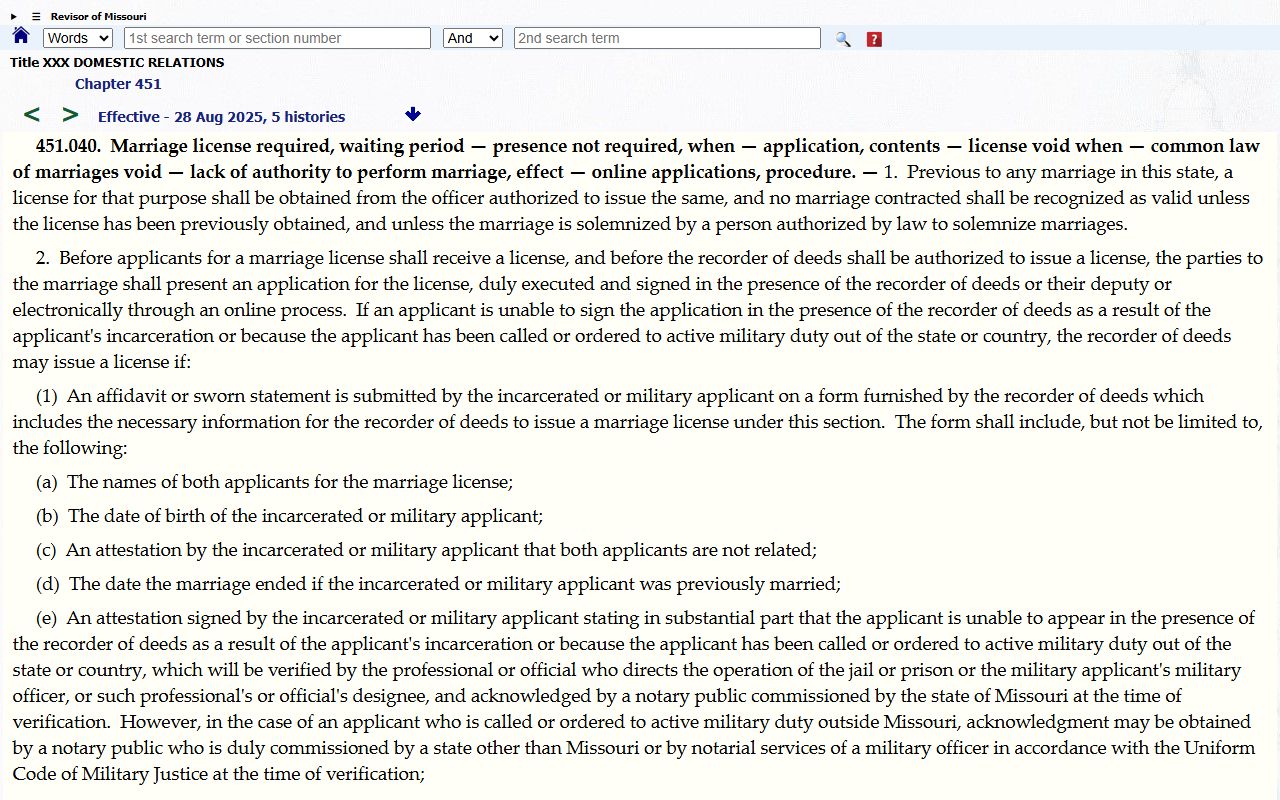 New Madrid County marriage records Missouri marriage license statute